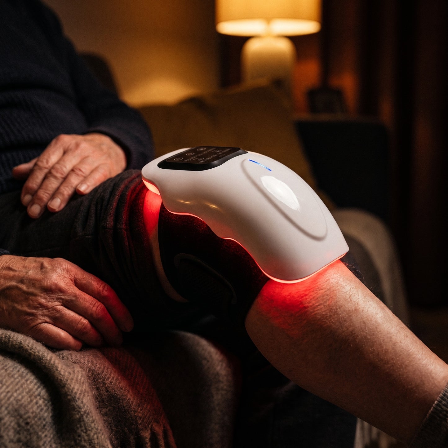 The knee massager worn on a knee in a dimly lit room, red therapy light glowing out from under the wrap