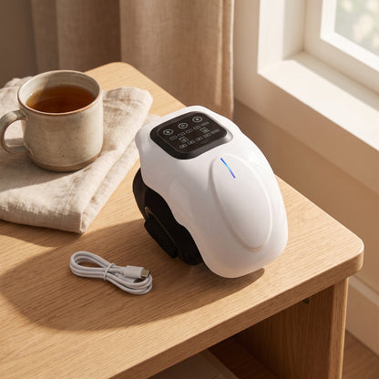 The knee massager on an oak side table beside a mug of tea and its coiled USB-C charging cable