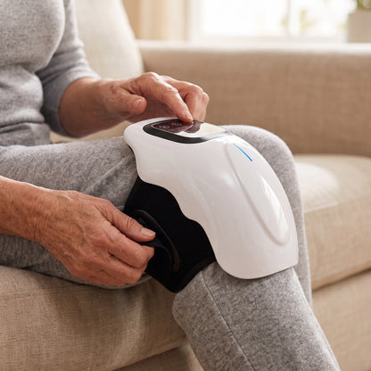Close view of hands fastening the knee massager's strap around a knee