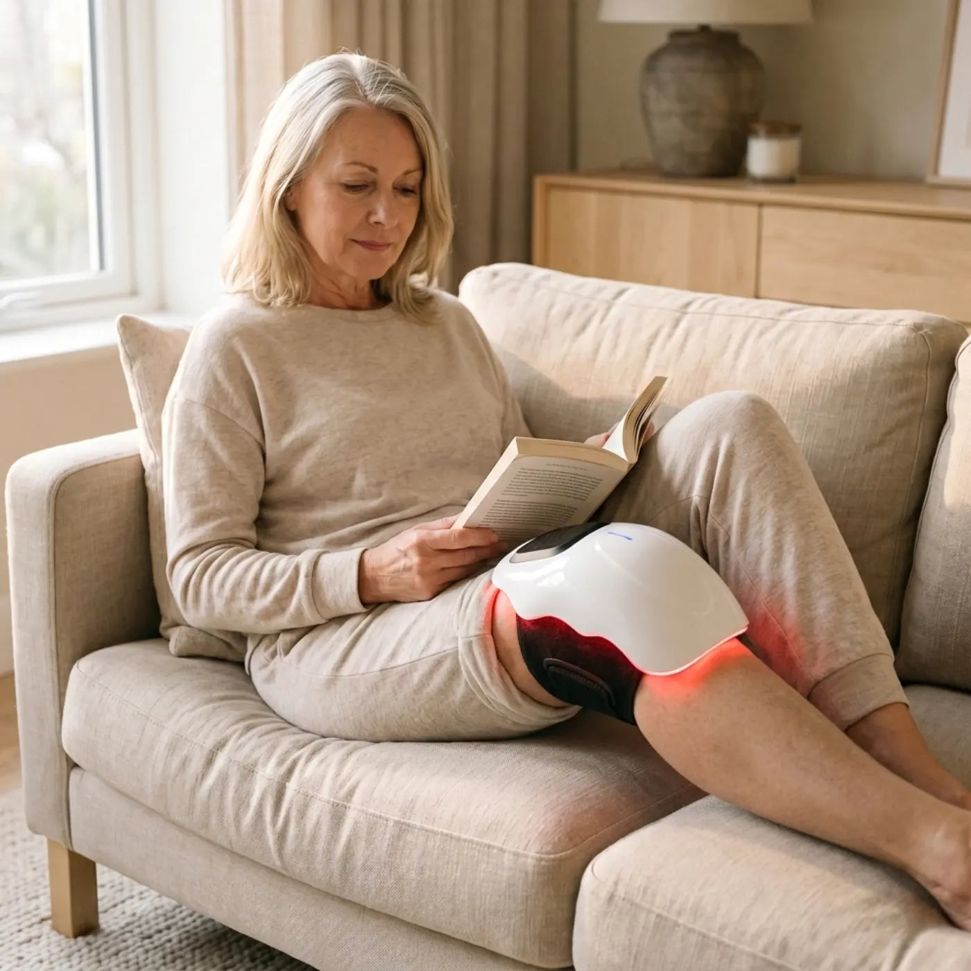 A woman reading on a sofa with the knee massager wrapped around her knee, its red light glowing