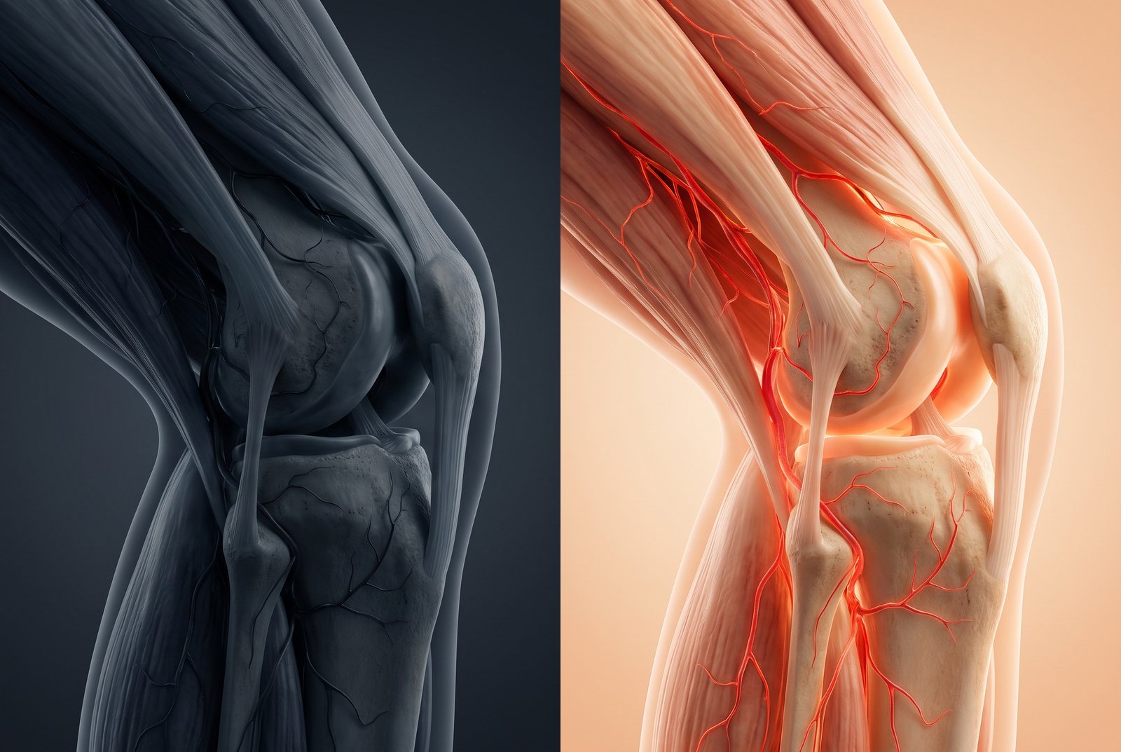 Anatomical illustration of a knee with the blood vessel network dim on the left and lit up on the right