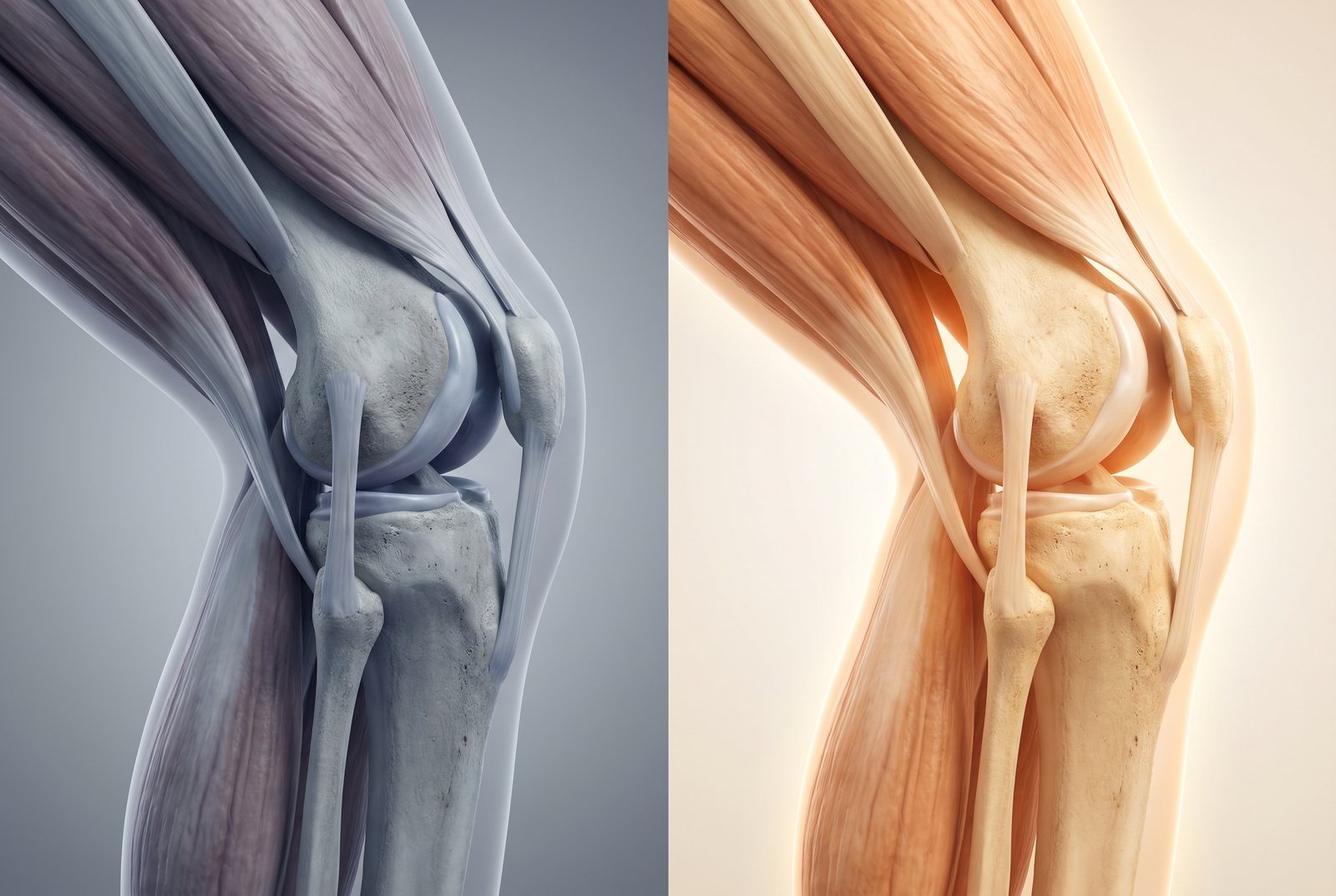 Anatomical illustration of a knee, cool and stiff on the left, warmed through on the right