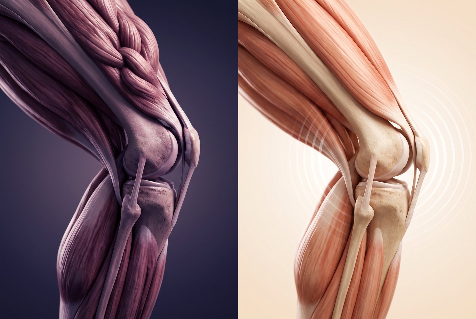 Anatomical illustration of knee muscles bunched and tight on the left, loose and relaxed on the right