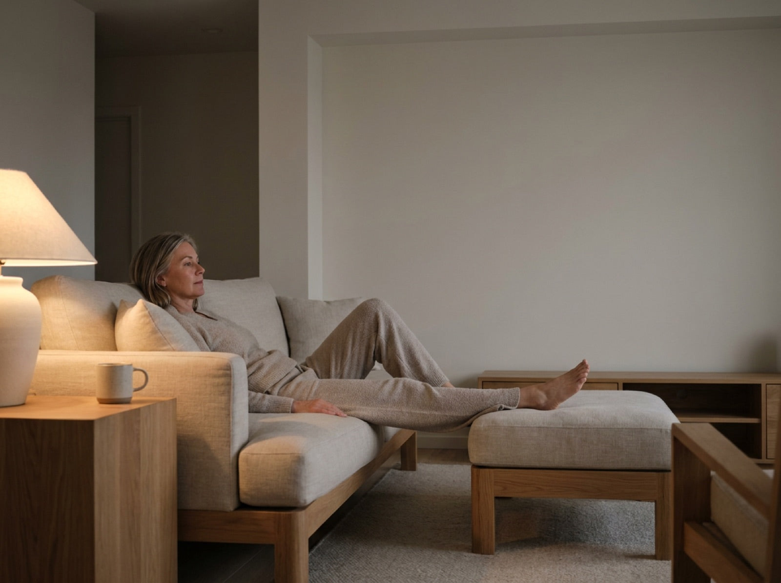 A woman relaxing on a sofa at home in the evening with one leg resting on an ottoman