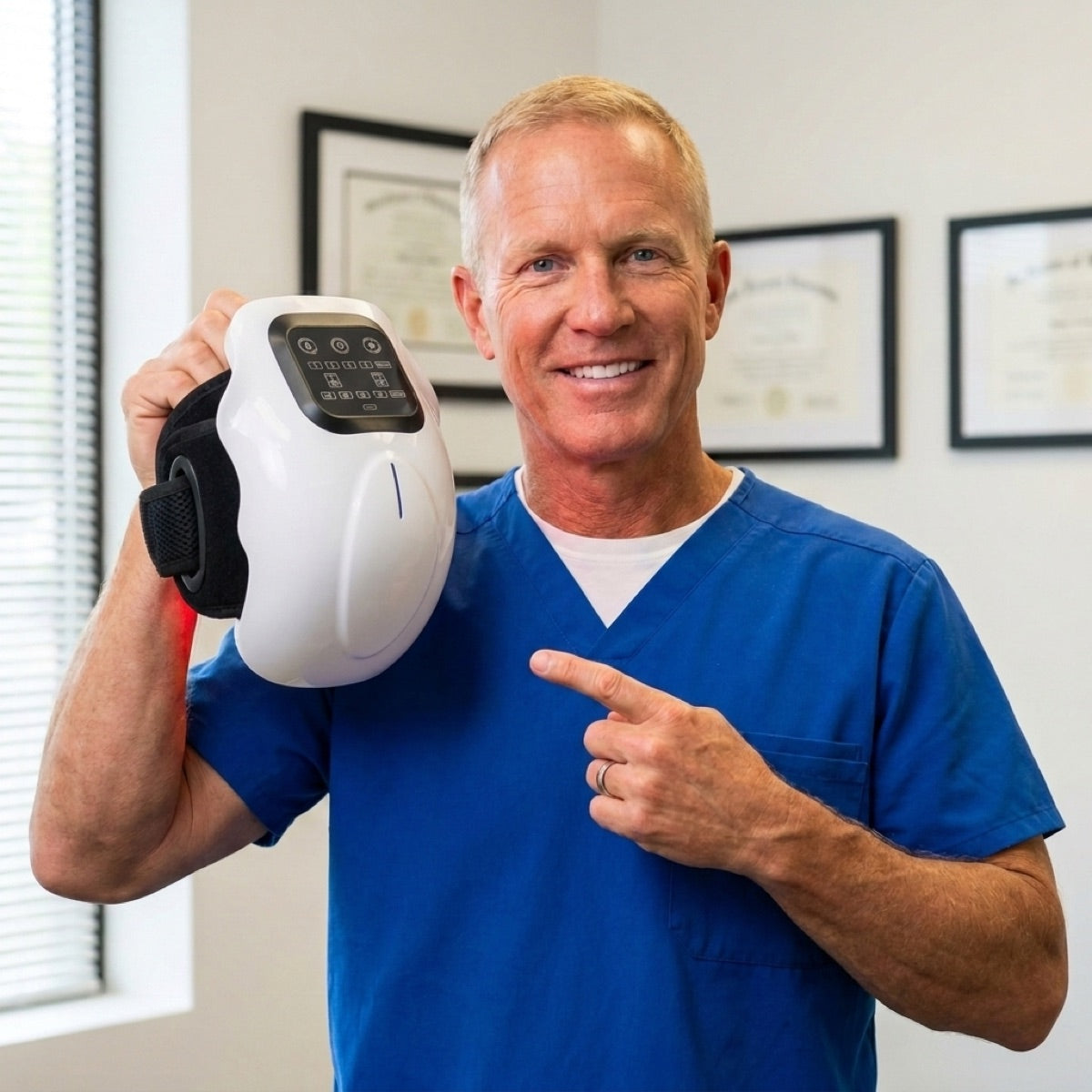 A clinician in blue scrubs holding the knee massager, its red light array lit