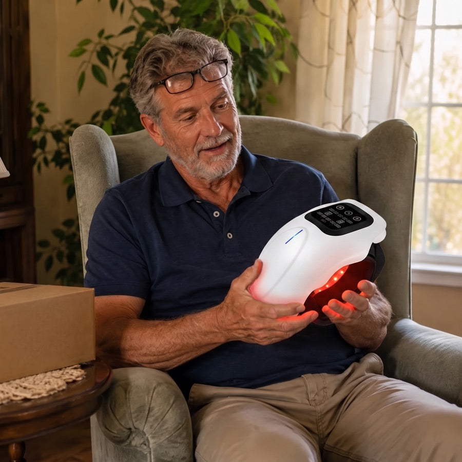 A man in an armchair holding the massager in both hands, the red light lit