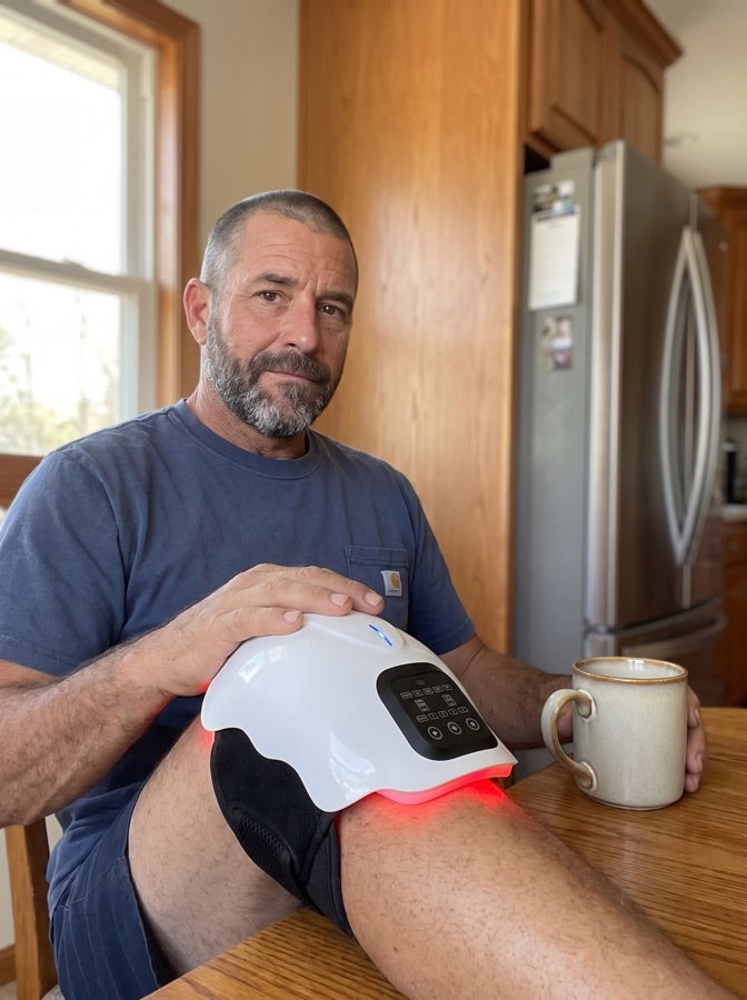 A man at a kitchen table with the massager on his knee and a mug beside him