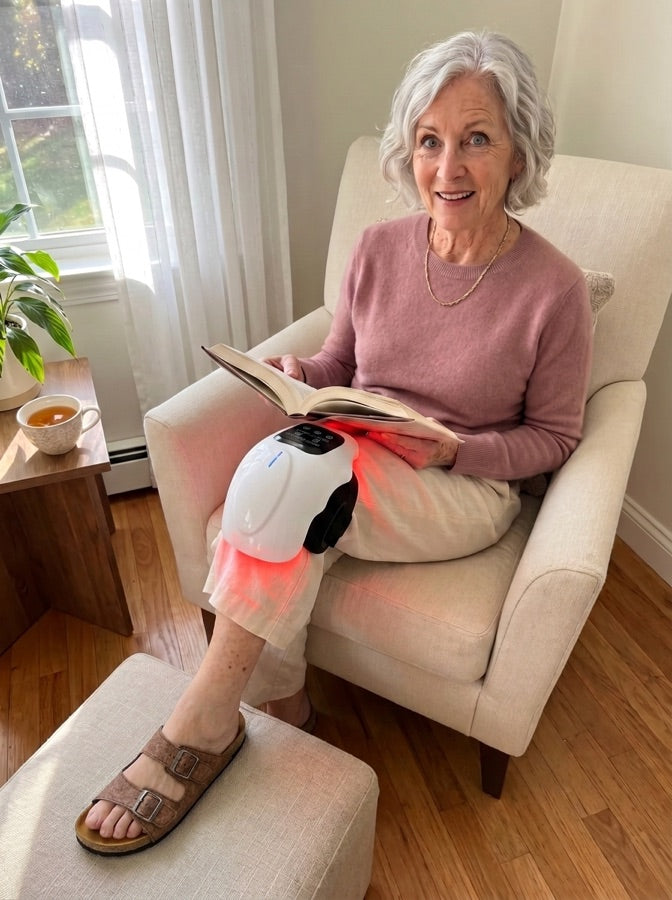 A woman reading in an armchair with the massager running on her knee