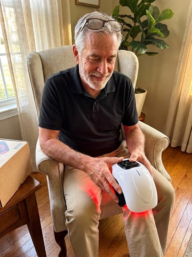 A man in an armchair adjusting the massager on his knee