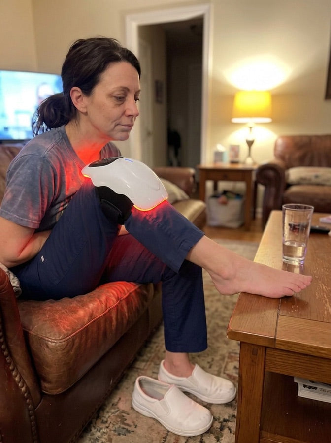 A woman on a sofa with the massager wrapped around her knee, feet up