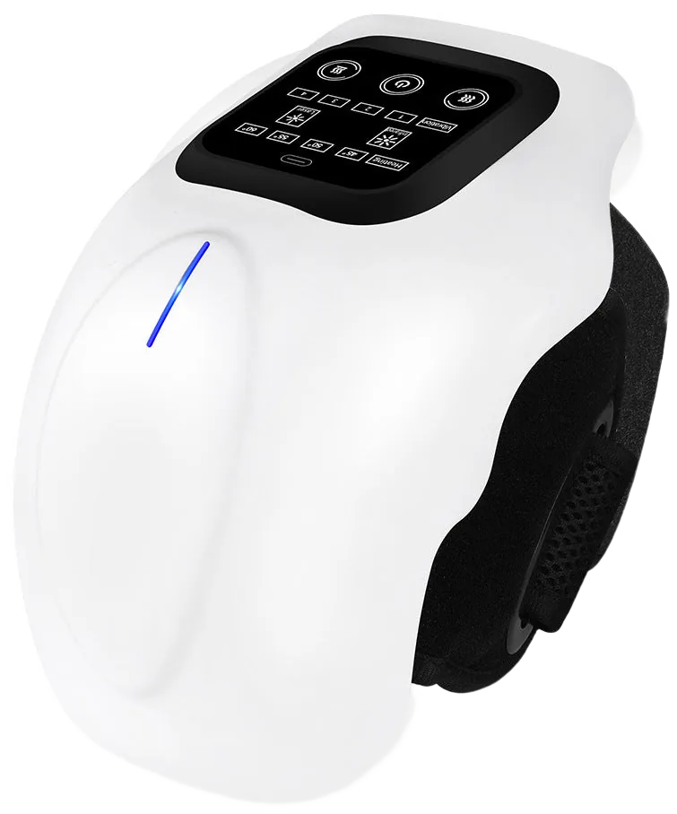 The knee massager seen from above, its control panel and blue indicator light showing